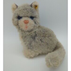 Steiff Kitty Cat Plush Sitting Gray White German w/Ear Button Vintage